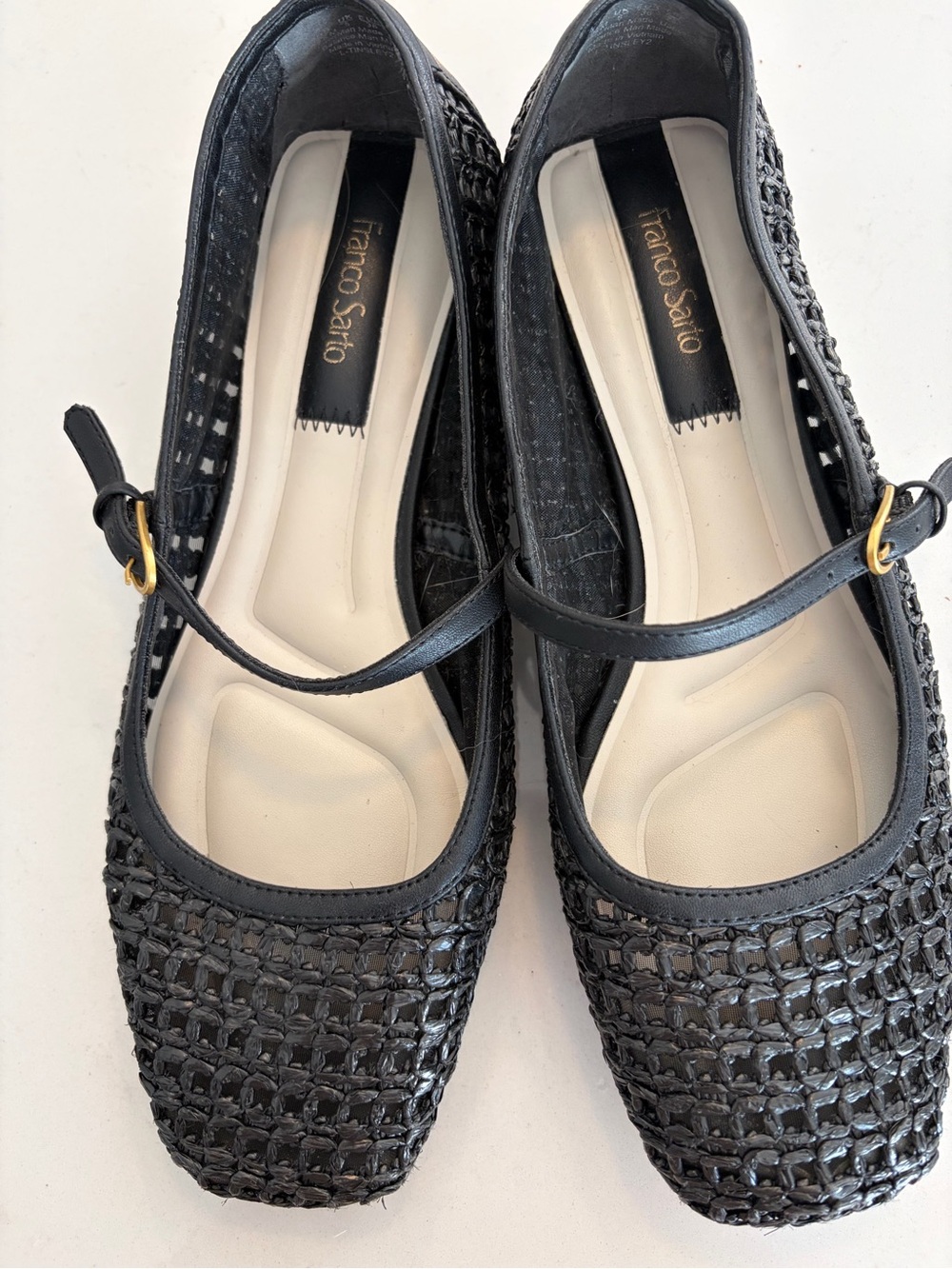 Franco Sarto Black Woven Mary Jane Flats with Gold Buckle
